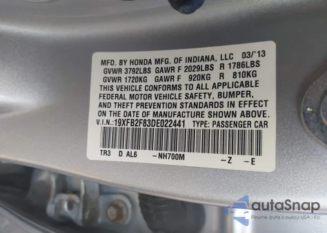 2013 Honda Civic Ex z USA, uszkodzony, nr VIN 19XFB2F83DE022441